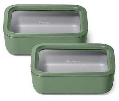 Caraway 2pc Glass Food Storage Set - 6.6 Cup Food Containers (2) - Ceramic Coated - Non Toxic, Non Stick Lunch Box with Lids. Dishwasher, Oven, & Microwave Safe - Sage