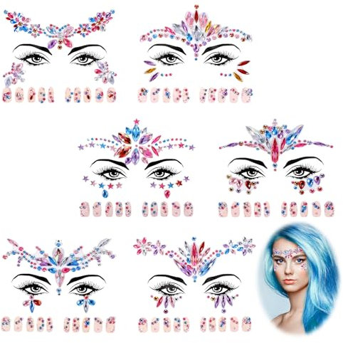 6 Stück Gesicht Temporäre Tattoos, Gesichts Juwelen Aufkleber Edelsteine Kristalle Glitter Schmucksteine Strass Accessoires für Weihnachten Rave Karneval Maskerade Geburtstagsfeier Festival Party