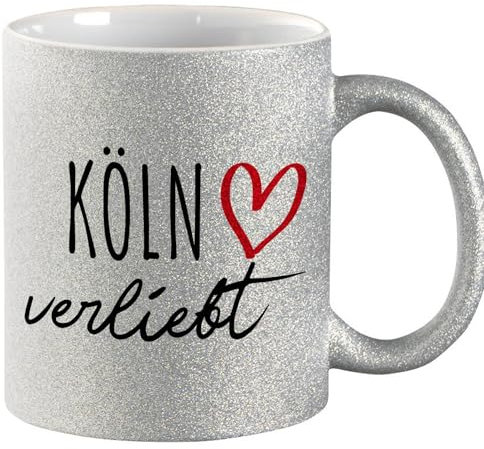 Huuraa Glitzer Tasse Köln verliebt Geschenk 330ml Silber Köln Präsent