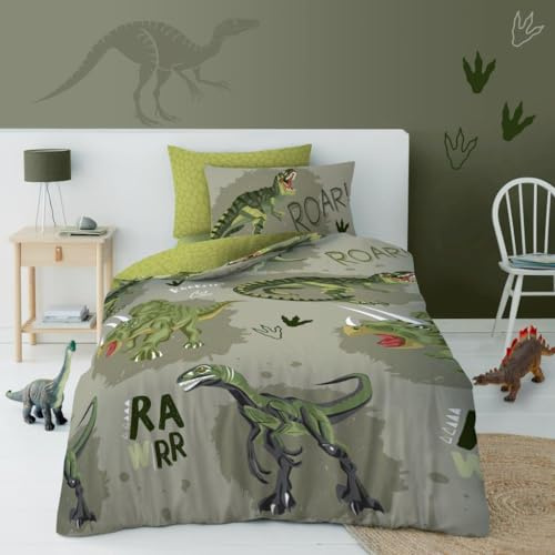 Lions Single Duvet Cover Set - Dinosaur Bedding For Kids Boys Girls - Reversible Animal Printed Quilt Covers with Matching Pillowcase, T-Rex Dino Pattern, 137x200cm