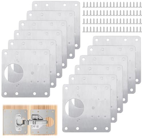 Selutiya 12PCS Hinge Repair Plate,with 80 PCS Screws,Kitchen Cupboard Hinge Repair Plate,Stainless Steel Hinges Repair Plates Brackets with Holes