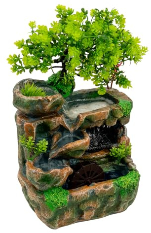 Zimmerbrunnen Wasserfall: Zen Dekoration mit farbigem LED-Licht, 2-stufiger Tischbrunnen für Wohnzimmer, Schlafzimmer und Büro - H 30cm