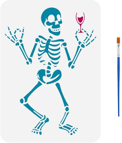 FINGERINSPIRE Lustige Skelett Schablone Mit Einem Pinsel 29.7x21cm Totenkopf Mit Weingläsern Schablone Zum Trinken Skelett Schablone Zeichenvorlage Zum Thema Skelett Für Wandfliesen Bodenmöbel