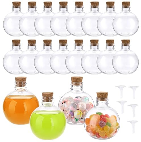 SUMTree 20 Pack 8.5 oz Ball Shape Plastic Potion Bottles with Corks Topper, Clear Sand Art Bottles Containers with 5 Mini Funnels for Party Drinks, Magic Potion, DIY Crafts, Essential Oil