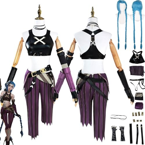bbganlian Anime Arcane Season 2 Jinx Cosplay Kostüm Outfit Rollenspiel Caitlyn Uniform Komplettes Set Halloween Party Karneval Dress Up Anzug mit Perücke Kopfschmuck für Damen (XXXL)