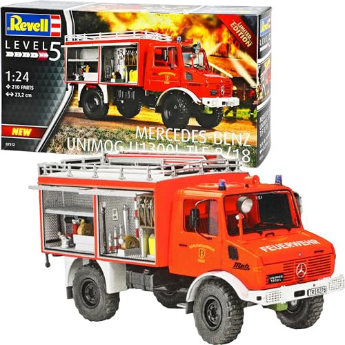 Mercedes-B Unimog U1300L TLF Feuerwehr 8/18 07512 Bausatz Kit 1/24 Revell Modell Auto mit individiuellem Wunschkennzeichen
