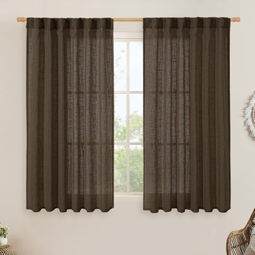 LAMIT Dunkelbraune Leinen-Vorhänge, 137 cm Länge, 2 Paneele, Lichtfilterpaneele, Schlaufen auf der Rückseite und Stangentasche, neutrale Vorhänge für Badezimmer/Fenster/Schlafzimmer, 132 x 137 cm