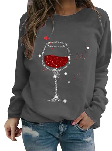 Valentinstagsgeschenk für Sie 2025, Weinglas, bedruckt, Rundhalsausschnitt, langärmelig, dunkelgrau, S