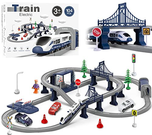 Wdmiya Tren Eléctrico para Niños de 3 4 5 6 7 8 Años, Juego de Tren 104 Piezas, Pista Flexible con Vehículos de Construcción, Juego Educativo Pistas de Coche, Regalo Niños Navidad Cumpleaños