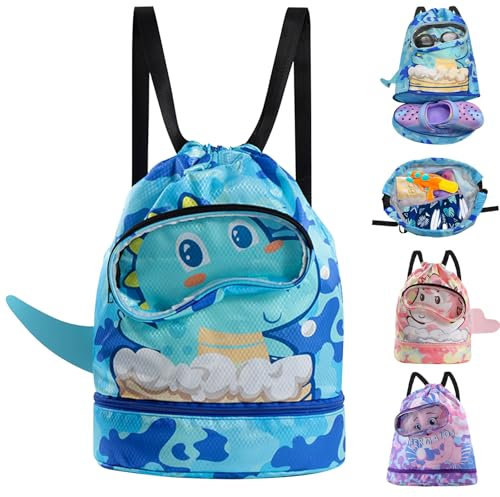 Cyiecw Wasserdichter Schwimmrucksack Kinder mit Kordelzug, Schwimmtasche Turnbeutel mit Bodenfach und Brillenbereich, Nasser und Trockener Sportrucksack Kinder für Mädchen und Jungen (Dinosaurier)