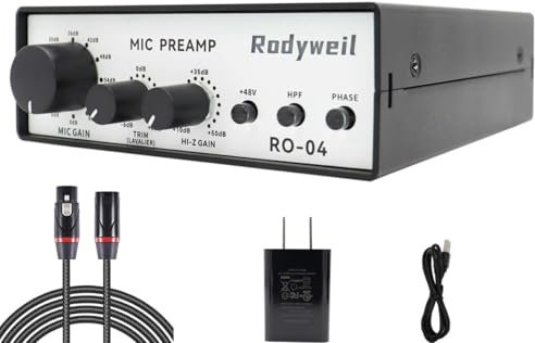 Rodyweil RO-04 Pro Mic Preamp 0~72db Adjustable Gain Boost with Hi-Z, 48V, HPF, Phase for Dynamic Condensator Ribbon Microphone, Guitar, Bass Recording and Podcasting