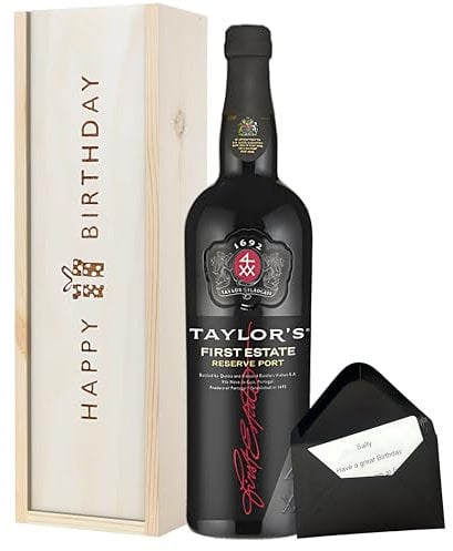 Taylor's First Estate Reserve Port Birthday Gift – 75cl Bottle in Wooden Box with Happy Birthday Lid – Port Gift for Him or Her with Optional Gift Message