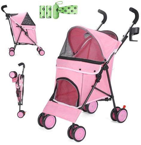 Hundewagen 3in1 Hundebuggy Bis 15kg kleine mit telgroße Hunde, Faltbarer Haustier-Reisewagen mit Getränkehalter & Aufbewahrungskorb roßes Fassungsvermögen, leicht zu tragen, Rosa