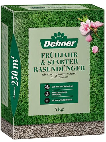 Dehner Frühjahr- und Starter-Rasendünger, hoher Stickstoffanteil für frisches Grün nach dem Winter, unterstützt Wurzelbildung/tiefgrünes Wachstum, ideal nach dem Vertikutieren, 5 kg für ca. 250 m²