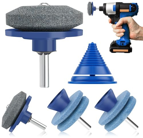 Anglekai 4+1PCS Lawn Mower Blade Sharpener, Universal Lawnmower Blade Sharpener Mower Sharpening Stone with 1PCS Balance Tool for Hand Drill/Power Drill (2 Single Layer + 2 Double Layer)