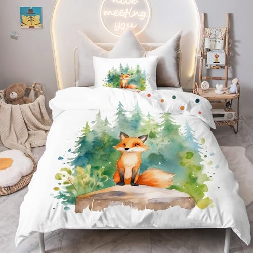 PNHCL Süßer Fuchs Kinderbettwäsche Set 100x135 cm Weich Atmungsaktiv Bettbezug mit Reißverschluss + 1x Kissenbezug 40x60 cmWald Bettwäsche für Baby Mädchen Jungen LO530