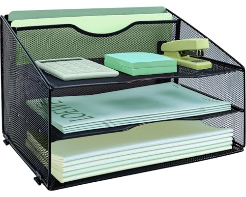 IOUGDSEC Schreibtisch-Organizer mit 3 Ebenen, mit 2 extra vertikalen Aktenordner, Papier-Briefablage, A4-Papier-Desktop-Ablagen, Zeitschriftenhalter für Heimbüro, Schwarz