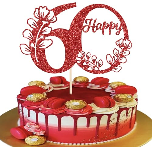 Xsstarmi 1 Pack Happy 60th Birthday Cake Topper Red Glitter 60 Cake Pick Cheers to 60 Birthday Cake Decorations for Happy 60th Anniversary Party Cake Decoration Supplies