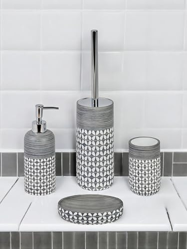 Showerdrape Ravello Geometric Floral Grey & White 4 Piece Bathroom Accessory Set