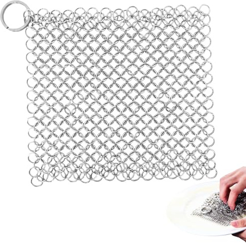 Cast Iron Chainmail Scrubber, Non-Scratch, Stainless Steel Mesh Scourer for Skillets,Griddles,Pans or Woks, Dutch Oven, Multifunction Cookware Cleaner