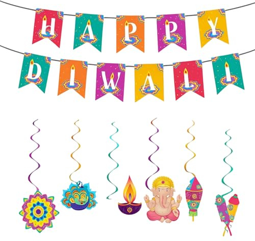 8 Stück Diwali Decoration, Happy Diwali Party-Set HäNgende Wirbels, Festival Of Lights Indian Festival Deepavali Deco, Hindu Diwali Dekoration Door Decoration, Farbige Flaggen Und DeckenhäNger
