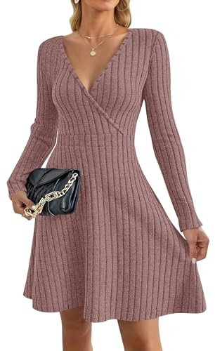 AUSELILY Robe Femme Chic et Elegant à Manches Longues Col en V Robes Pull A-Line Automne et Hiver Robe de Soiree Femme pour Fête Noël Mariage Rose Poudré XL