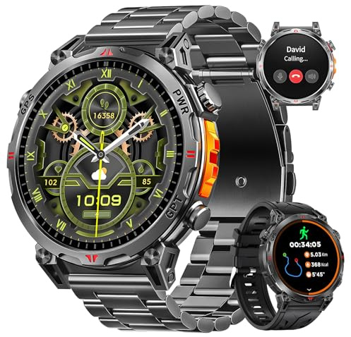 Rmana Militär Smartwatch Herren, GPS Sportuhr mit 1,6-Zoll AMOLED-HD-Display,Telefoniefunktion/ChatGPT/AI/5 GPS-Sportmodi/100+ Sportmodi Fitnessuhr für Android iOS ((Schwarzer Stahlgürtel))
