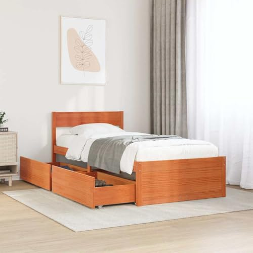 Tonture Massivholzbett ohne Matratze, Wachsbraun 75x190 cm Kiefernholz, mit 2 Bettschubladen, stabiles Plattform Bettgestell für Schlafzimmer Möbel