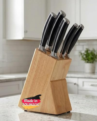 GGS Solingen Küchenmesser Set 7-teilig – Messerset mit Holz-Messerblock, Edelstahl Kochmesser Set rostfrei, eisgehärtet handgeschärft, komplettes Profi Messerset, Geschenkset, Made in Germany