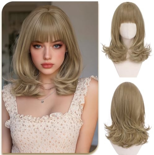 Sofeiyan Perücke Damen, 38 cm Perruque Cheveux Lisses Courts et Frange | Karamellbraun Bob Perücke,Synthetische Perücken für Täglich Datum Sitzung Party,Honigblond mit Platinblonden Strähnchen