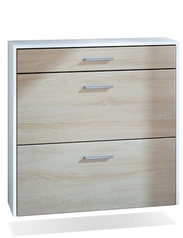 InnoFurn hängender Schuhschrank Roma Air Schmal mit 2 Klappen und 1 Schublade, Platzsparender Schuhkipper Flurschrank für Diele Flur Garderobe, Weiß matt/Eiche Sägerau (89 x 87 x 23 cm)