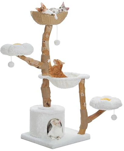 PETEPELA Kratzbaum für Wohnungskatzen, 150 cm hoher moderner Katzenbaum für große Katzen, mit 3 großen Körben, aus massivem Naturholz, Luxus-Katzenhaus mit Hängematte, modernes Möbel, Beige