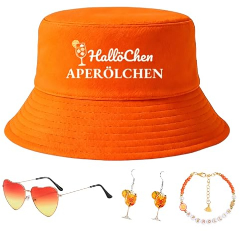 QijAOPD 4 Stück Aperol Geschenk Set, Lustiger Fischerhut mit Herz-Sonnenbrille, Ohrringen und Armband, Perfektes Aperol Kostüm Damen Festival Accessoires, für Sommerparty, Fasching, Karneval, Malle
