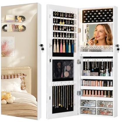 Arbor life Hängender Schmuckschrank mit LED-Beleuchtung & Innenspiegel, Wand/Tür Spiegelschrank, Abschließbarer Schmuck Schrank, für Ohrringe, Halsketten, Ringe (Weiß, 108x37cm)