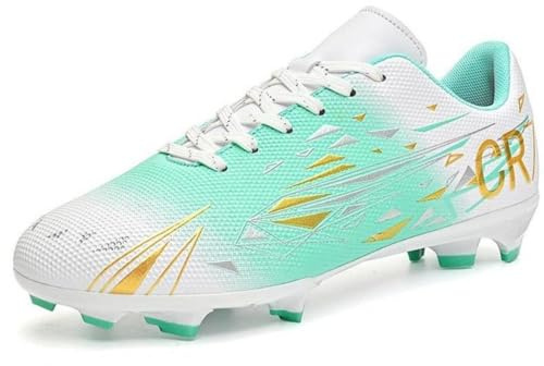 Crwind Scarpe da calcio giovanile: tomaia in pelle traspirante, lunga/tacchetti corti, antiscivolo e riscaldanti, per interni ed esterni, taglie grandi, Fg Bianco, 38 EU