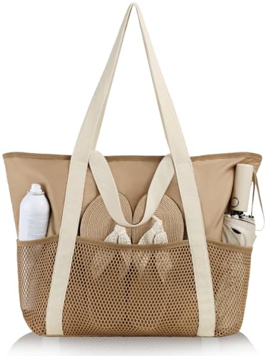 HOMESPON Strandtasche Damen mit Reißverschluss Große Wasserdicht Mesh Badetasche Familie Faltbar Beach Tote Bag Shopper
