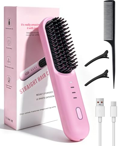 Lizoak Kabellose Glättbürste Mini, Haarglätter Bürste mit 4000mAh Akku, 4 Stufen 160-200°C, Keramik Ionen Haarbürste Anti Frizz, USB-C Tragbares Glätteisen für Kurze Haare & Reisen