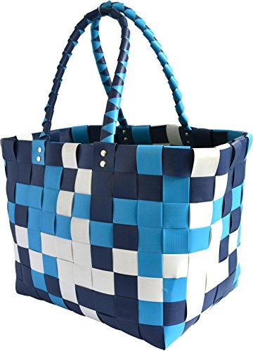 GearUp Große Wasserabweisende Einkaufstasche - Henkeltasche - Tragetasche - Tragekorb - geflochtener bunter Strandkorb Farbe Classic/Aqua