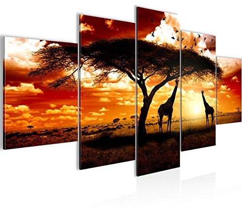 Runa Art Bild Wohnzimmer Schlafzimmer Afrika Sonnenuntergang 5 Teilig Giraffe Savanne Orange Wandbilder auf Vlies Leinwand 001553b