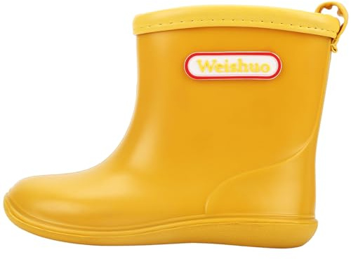 Weishuo Stivali da Pioggia per Bambini Morbide Scarpe Antipioggia in PVC Resistente Impermeabile Antiscivolo Wellies Wellington per Bambini, Ragazzi e Ragazze, Giallo, Taglia del Produttore 13, 20 EU