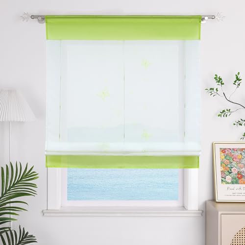 ESLIR Raffrollo Küche Raffgardine mit Tunnelzug Gardinen Transparent Bändchenrollo mit Schmetterling Bestickt Voile Grün BxH 80x140cm 1 Stück