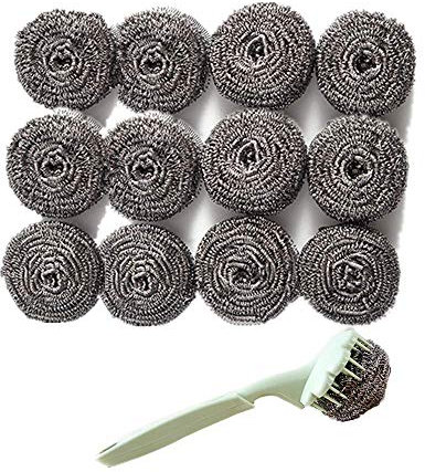 Steel Wool Kitchen Metal Cleaner Stainless Steel Sponge Perfect Kitchen Tool Scrub Scouring Pad Metal Cleaner,12 Pieces and1 Handle