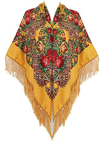 Gudessly Damenschal, übergroß, traditioneller Retro-Schal, Wickeltuch, mit Quasten/Fransen, Blumen-Poncho, bedruckt, 157,5 x 157,5 cm, gelb, 62 * 62inch