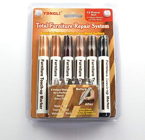 17Pcs Wood Furniture Repair Kit Set Floor Laminate Scratch Repair Kit Wood Pens and Wax Filler Sticks with Sharpener Touch Up Pen for Wood Shade Furnitures Cabinet Repair Colour Matching Fix Glue Pen