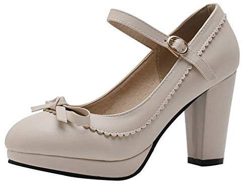 Birdsight Plateforme Escarpin Mary Jane Femme Bride Cheville Boucle Verins Talon Bloc Haut Carrés Rockabilly avec Noeud Chaussures Rétro Sweet Chunky Heels(Beige,37)