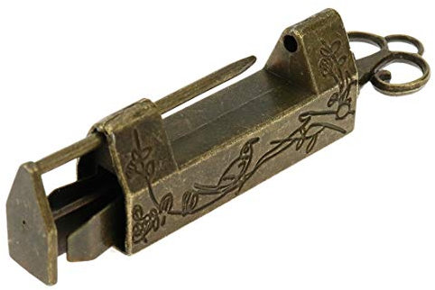 Quluxe 1-Pack Antique Bronze Old Chinese Lock Flower Bird Carved Retro Padlock Old Vintage Lock with Key for Jewelry Box