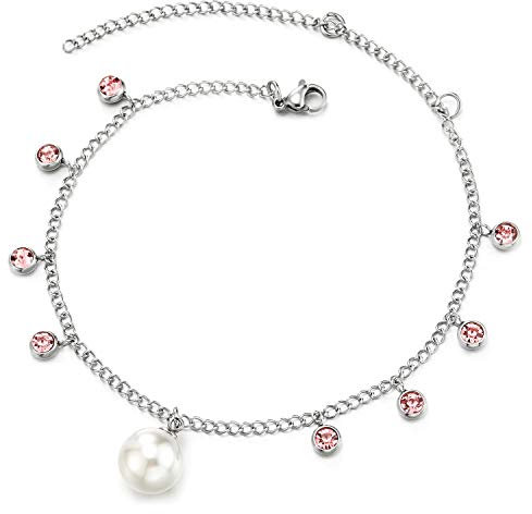 COOLSTEELANDBEYOND Edelstahl Gliederkette Damen-Fußkette Fußkettchen mit Baumelnde Perle, Kreis Charme von Solitaire Rosa Zirkonia