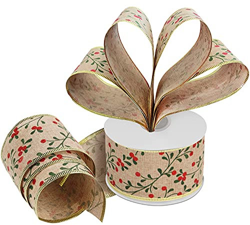 BELLE VOUS Cinta Tela Arpillera Navidad – 20 m x 6,3 cm Cintas Navideñas Tela Ancha con Alambre – Cinta Diseño Bayas Decorar Árbol de Navidad - Cinta Arpillera Envolver Regalos, Decoración Fiestas