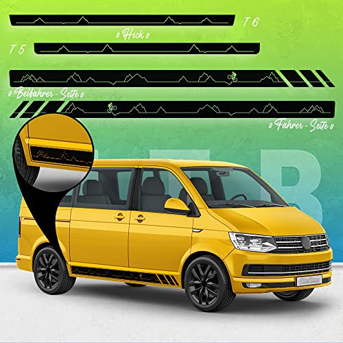 Auto-Dress Seiten-Streifen Aufkleber Set/Dekor passend für VW T4, T5 & T6 Bus - Motiv: Mountainbike Racing (111M Black Matt, Langer Radstand)