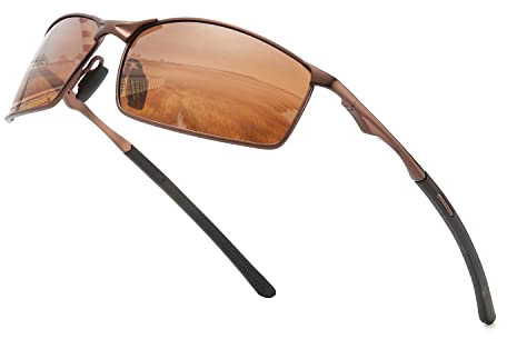 OuShiun Herren Sportbrille Polarisierte Sonnenbrille für Outdoor Metallrahmen UV Schutz Fahren Angeln Radfahren Laufen Fahrer Brille (Braun)